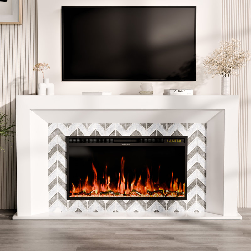 65.75" Electric Fireplace Heater Mantel Tv Stand With Remote Control, Overheat Protection Grey