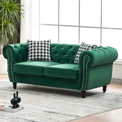 67" Velvet 2 Seater With Roll Armrest & Nailhead, Mid Century Modern Design For Living Room, Office, Apartment, Compact And , Soft Finish, High - Density Foam + Spring Packs, Solid Pine Frame