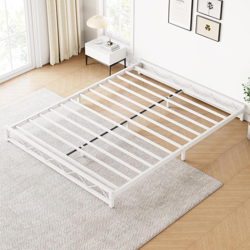 Structure de lit plateforme en métal, aucun sommier requis, Grand lit, White