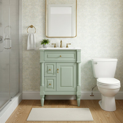 24 Inch Bathroom Vanity With Sink Freestanding Bathroom Cabinet With Flip Drawer, Adjustable Shelf, Solid Rubberwood Frame, MDF Panels & Metal Handles