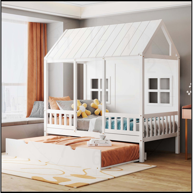 Wooden House Bed with  Trundle, Playhouse Design for Kids, Durable and Space-Saving, Twin
