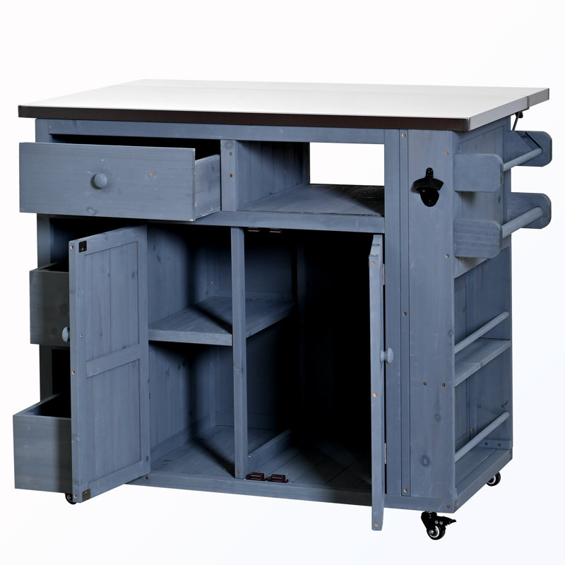 4-Piece Stainless Table Top Outdoor Rolling Kitchen Island With Sink And Faucet And Movable Shelves, Gray