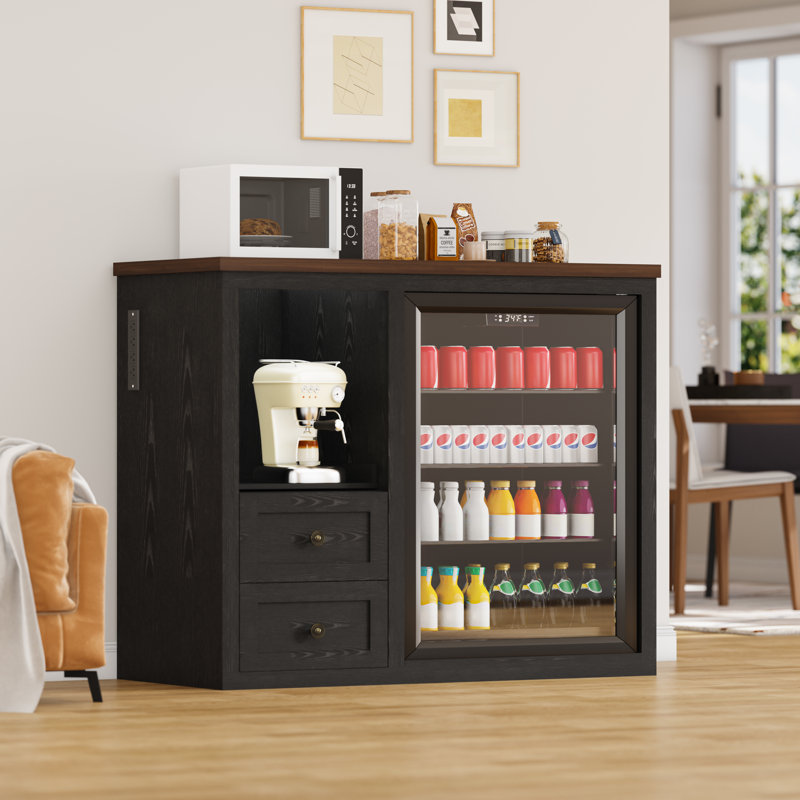 47.2" Coffee Bar Cabinet With Fridge Space, Farmhouse Mini Fridge Cabinet With Power Outlets And Storage Drawers, Wine Bar Cabinet With Sliding Shelf For Kitchen Dining Room