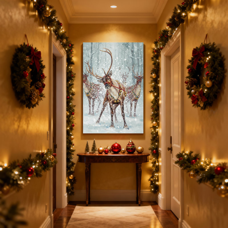 Ensemble de 3 impressions sur toile, renne de Noël dans la forêt enneigée avec décorations, H 30 po x l 20 po
