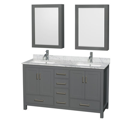 Meuble-lavabo double 60 po avec dessus en marbre et armoires à pharmacie Sheffield