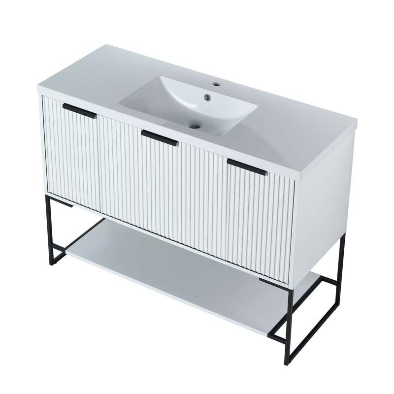 Meuble-lavabo autoportant de 48 pouces avec lavabo en résine, Blanc/Noir