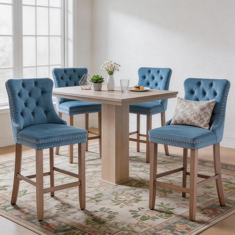 Tabouret de bar rembourré en velours avec dossier capitonné (ensemble de 4), Bleu clair/ naturel