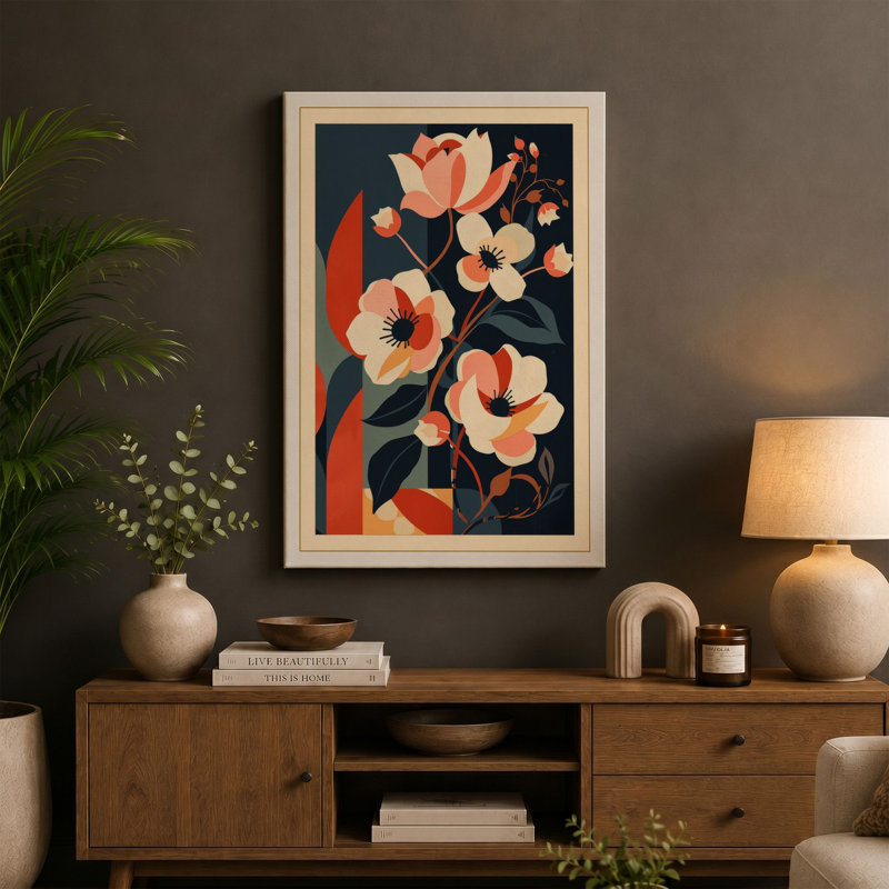 Peachy Blooms on Navy Botanical - Wrapped Canvas, 30x20 - 76.2 x 50.8 cm, Cream Border
