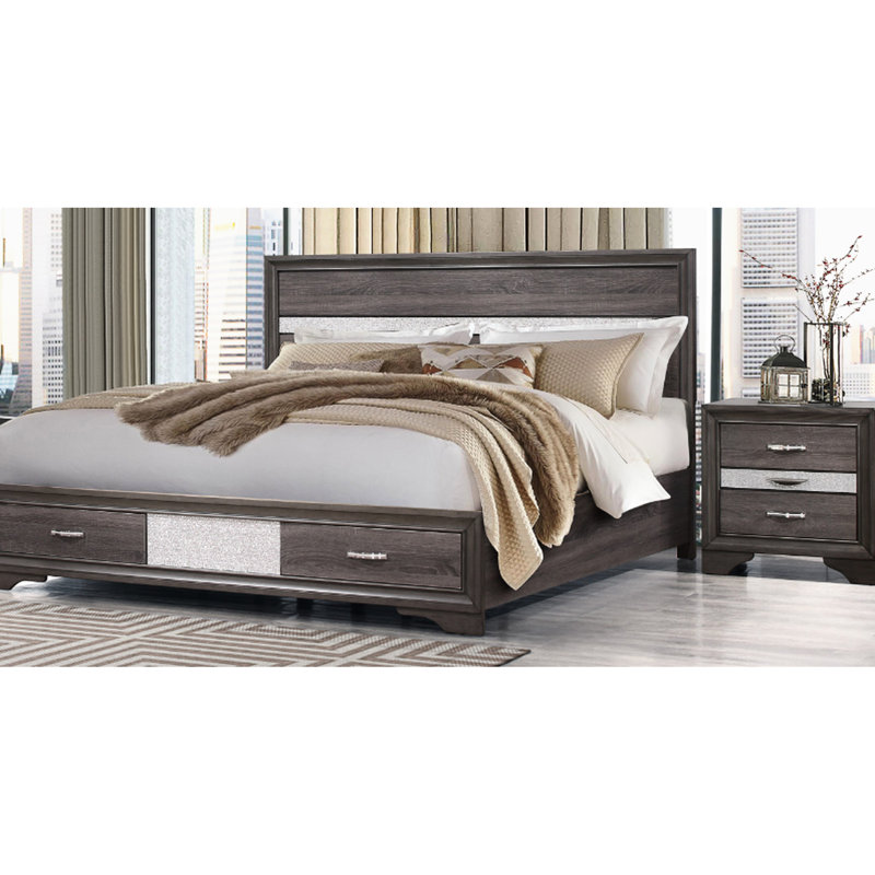 Lit double en gris scintillant, tête de lit à panneau et deux tiroirs, bois massif et perceptible, décorations en cristal de taille grise - + 2 56,06 po X P 51,54 po