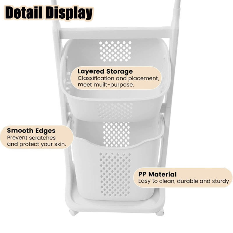 2 Tier Laundry Basket With Hanging Bar, Vertical Laundry Sorter With Wheels & Hooks, Stackable Laundry Baskets