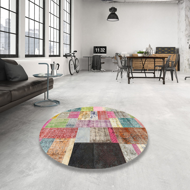 Tapis rouge/brun/bleu zone contemporaine, Rond 5 pi