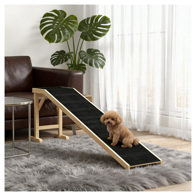 Rampe pour animaux de compagnie pour lit et canapé, structure en bois naturel avec housse en polyester noir