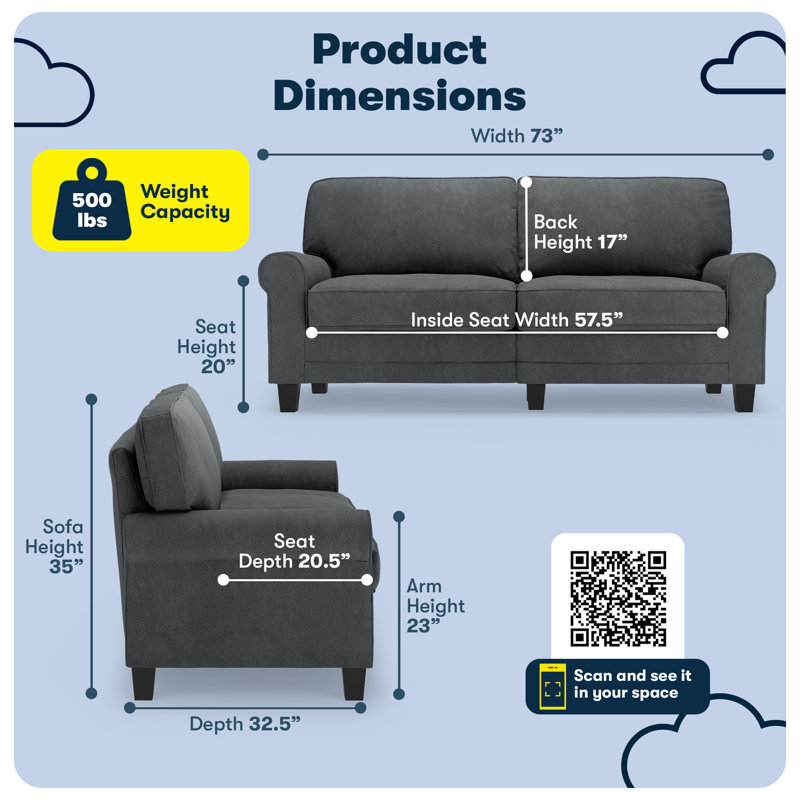 Serta Copenhagen 73" Rolled Arm Sofa, Easy Care Fabric, Soft Pillow Back, Pocket Coil Seat Cushions, Charcoal Microsuede