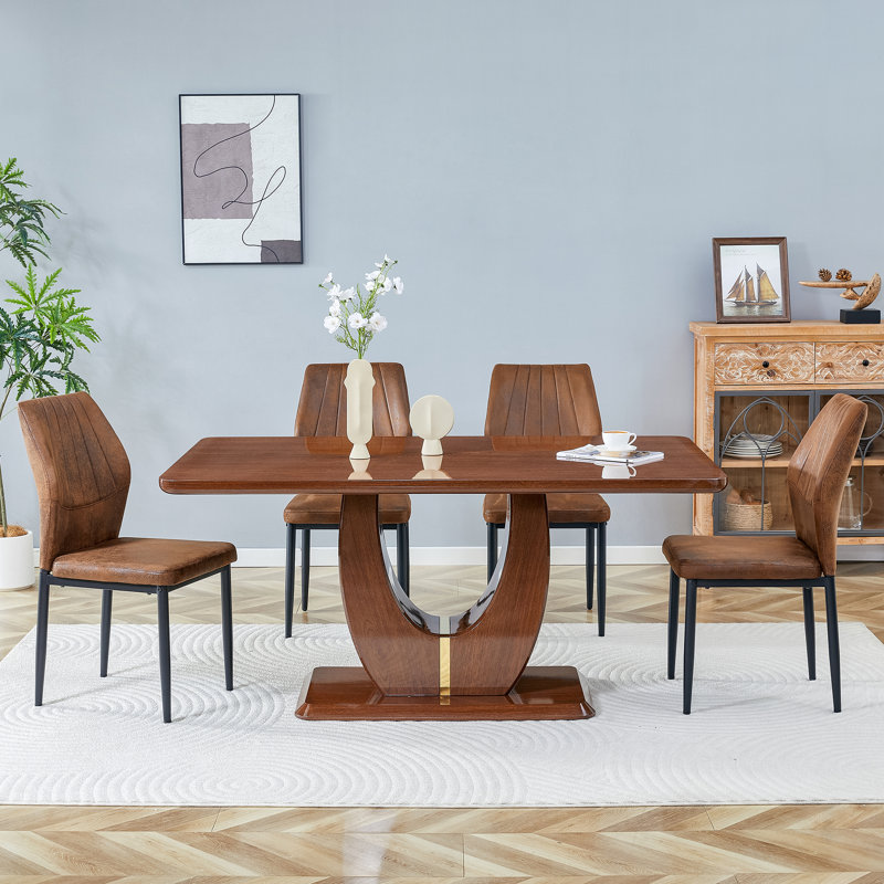 Ensemble de table de salle à manger de 63 po en noyer moderne avec chaises rembourrées, table en panneau de fibres à densité moyenne pour la salle à manger ou la cuisine