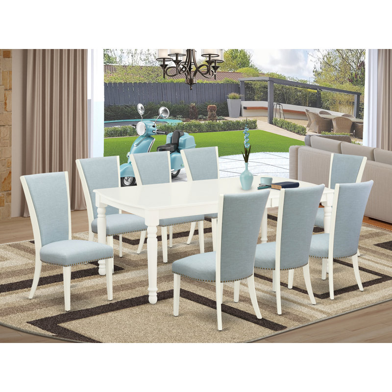 L'ensemble de table de cuisine 9 pièces comprend une table de salle à manger rectangulaire avec feuille papillon et 8 chaises de salle à manger Parson en tissu bleu bébé, lin blanc