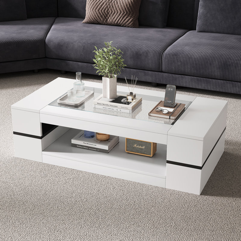 Table basse moderne en verre avec rangement, Blanc