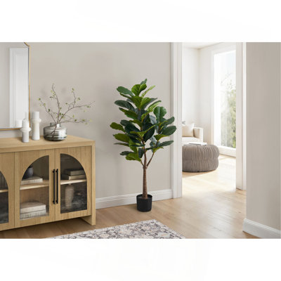Artificial Plant,Fiddle Tree, Indoor, Faux, Fake, Floor, Greenery, Potted, Real Touch, Decorative, Green Leaves, Black Pot