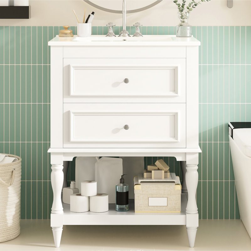 Meuble-lavabo de 24 po avec lavabo en céramique, solution de rangement moderne, tablette ouverte et 2 tiroirs, armoire au design rétro élégant