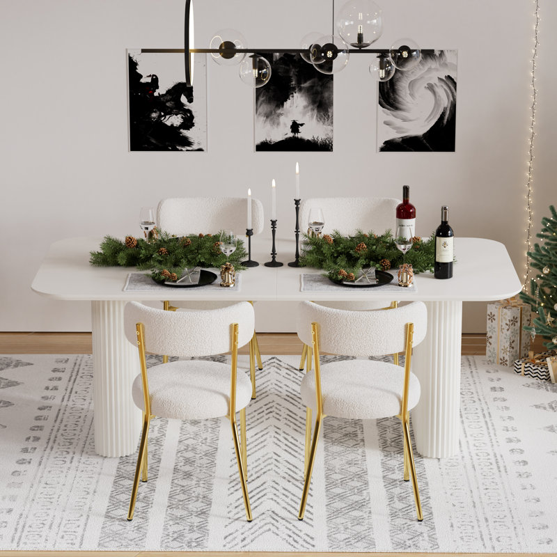 Ensemble de salle à manger rectangulaire à double piédestal avec table de salle à manger de style crème, 5, Blanc