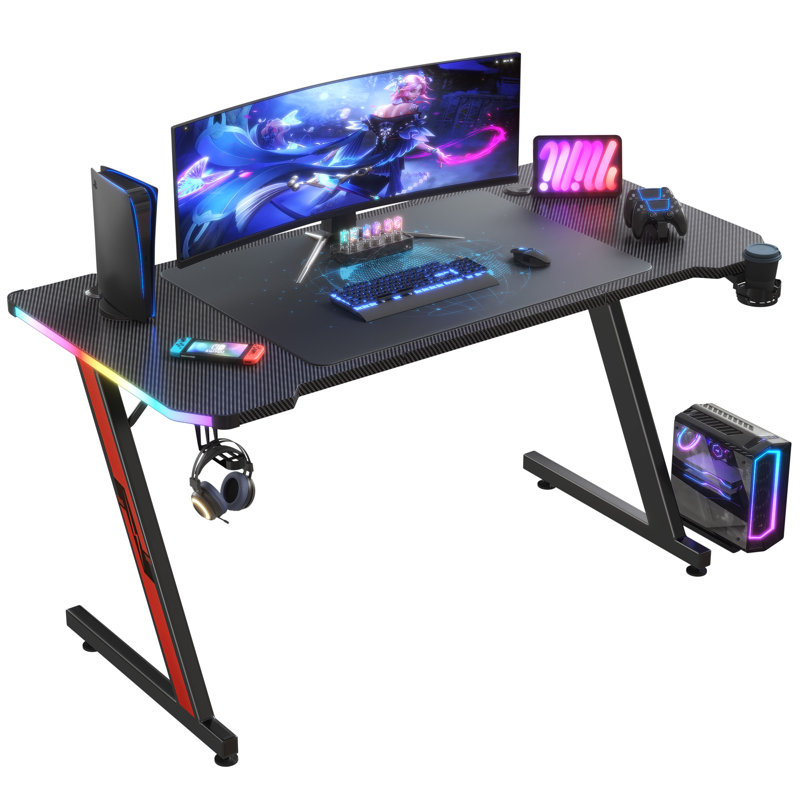 Edica Carbon Fibre Surface LED Gaming Computer Desk with Cup Holder & Headphone Hook, 29.3" H x 63" W x 23.6" D