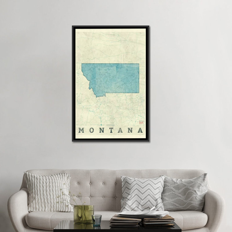 Carte du Montana - reproduction d'impression sur toile, H 26 po x l 18 po x P 1,5 po, Toile avec cadre noir, Pas de tapis