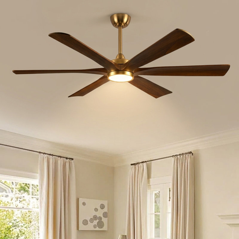 6 Blade Solid Wood Ceiling Fan with Gold Finish, Smart App Control, DC Reversible Motor, 3 Color LED Light & 6 Speed Quiet Operation (6”/12”/24” Downrods)