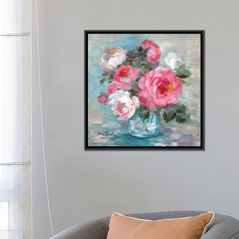 « summer roses ii », impression sur toile, H 26 po x l 26 po x P 1,5 po, Toile avec cadre noir, Pas de tapis