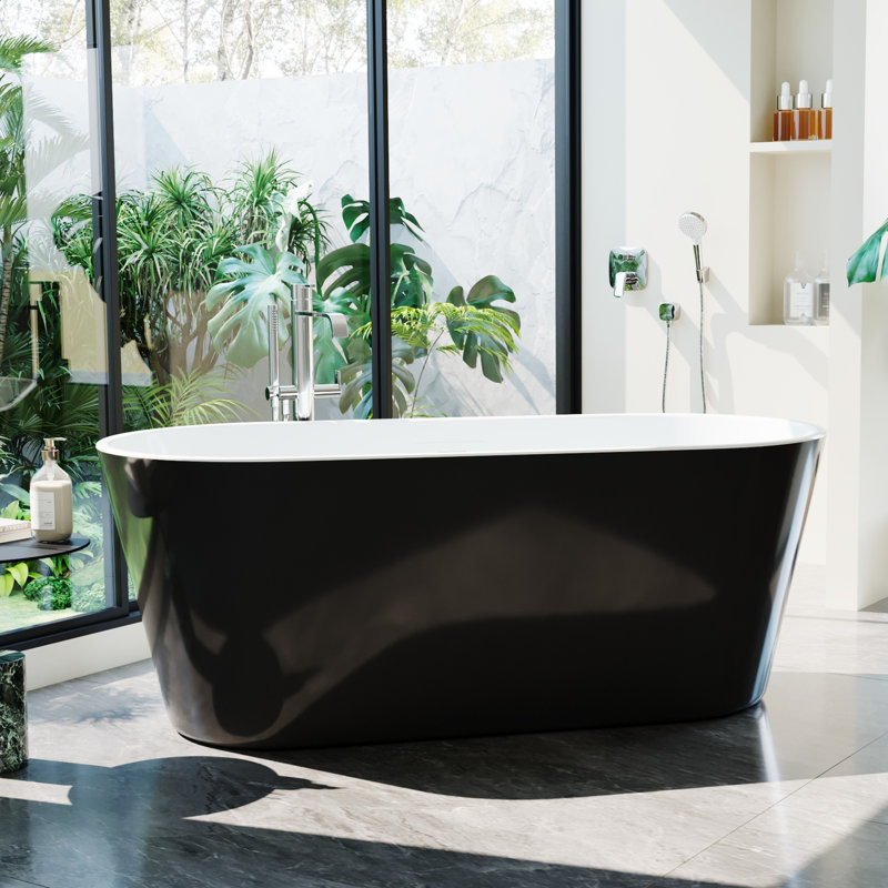 Baignoire autoportante 59 po avec drain en chrome, certifiée cUPC, pour votre salle de bain, Noir