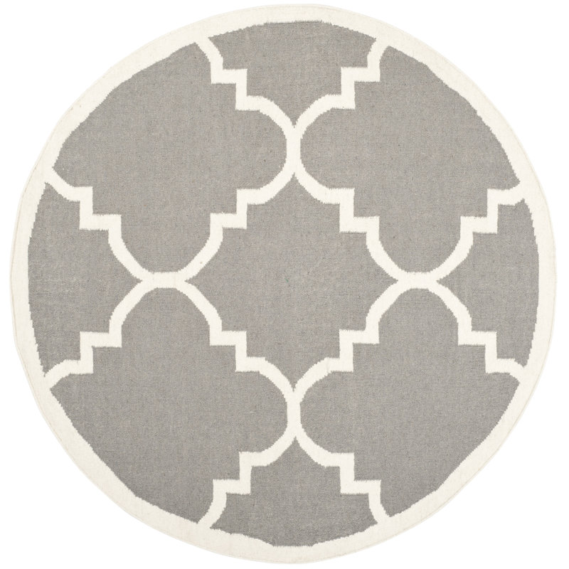 Rodgers Hand Woven Flat Weave Wool/Cotton Geometric Rug in Ivory/Gray, Round 6'