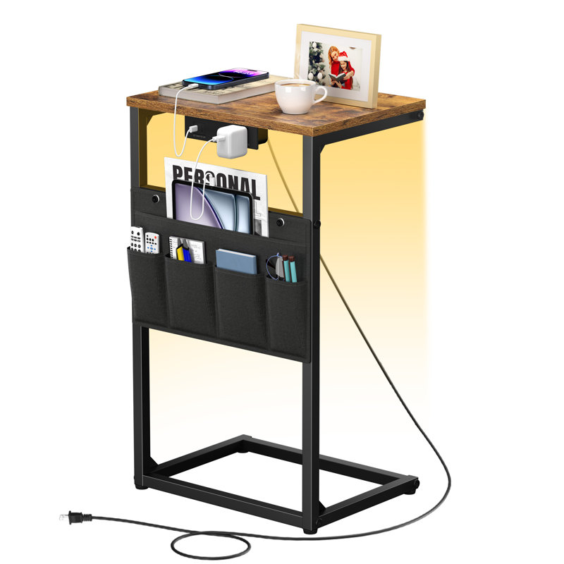 27“ C shaped Side Table with Charging Port, Small End Table with LED Light & Storage Bag,Nightstand for Living Room