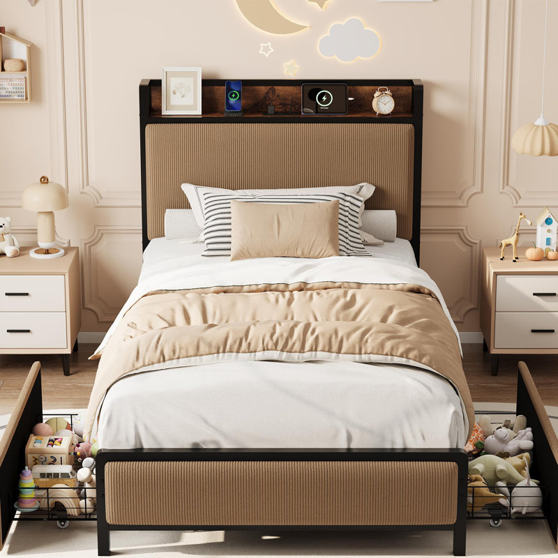 Structure de lit simple avec 2 tiroirs et station de charge, rose, Twin, White tube + pink