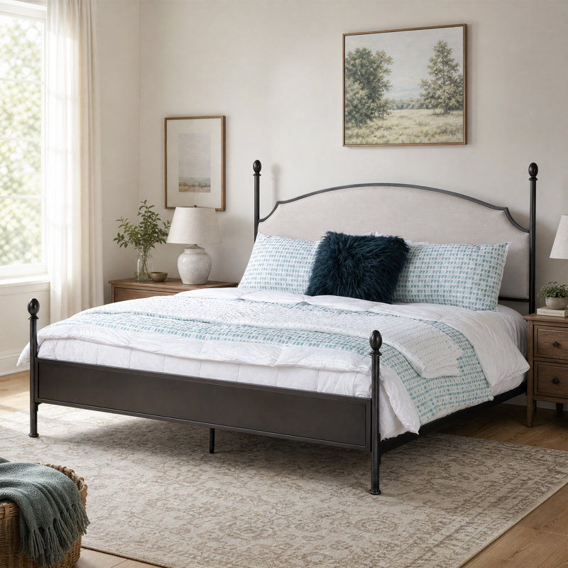 Fawnda Metal Four Poster Bed with Upholstered Headboard, Très grand lit