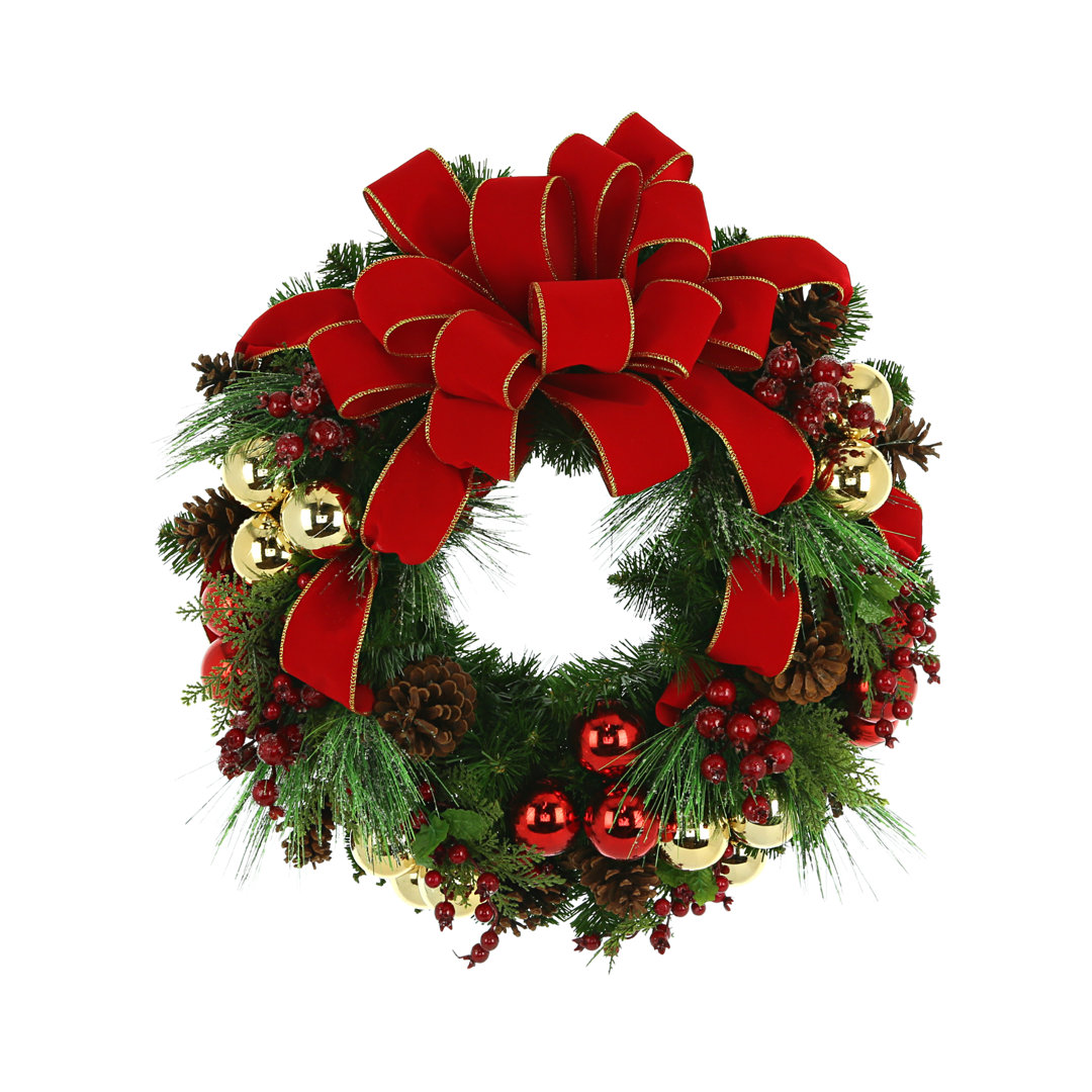 Howell 27" Evergreen Wreath With Berries, Pinecones, Ornaments And Velvet Bow Primrue