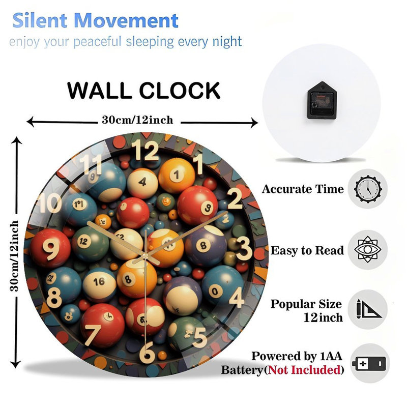Jeu de boules de billard pour horloges murales en verre