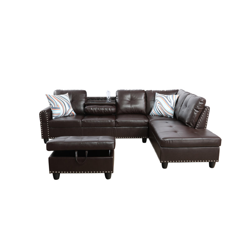 Adebisi Upholstered Sectional, Right Hand Facing, Brown Faux Leather