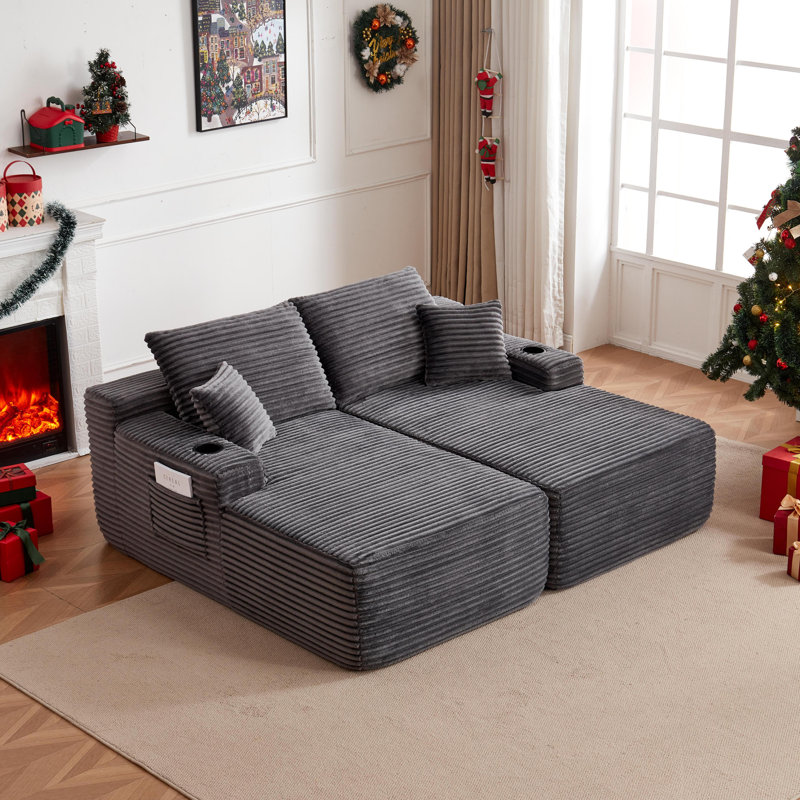 Canapé d'angle en tissu peluche, canapé d'angle monobloc avec double méridienne, Tissu gris, mousse et ressort, Gris