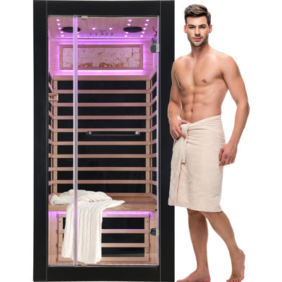 Far Infrared 1 Person Sauna Low EMF Indoor Sauna 1450W Canadian Hemlock Wooden Dry Sauna for Home Gym Spa with Starry Sky Lighting Ceiling Bluetooth S