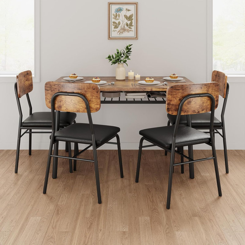 5-Piece Dining Table Set For 4 With Storage Rack, Wood Kitchen Table With Upholstered Chairs, Brown
