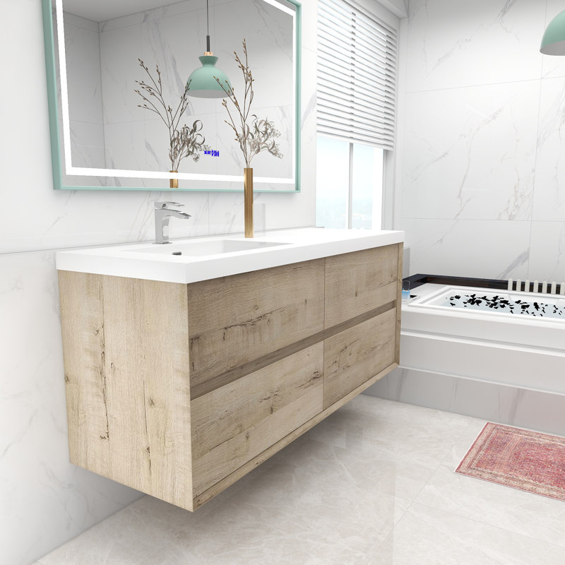 Antheny 59 " W Wall Mounted Wall Mounted 1 Single Vanity Bathroom Vanity With Acrylic Top, Light Oak
