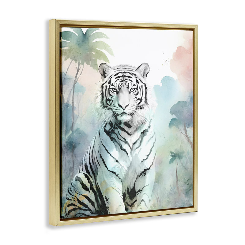 Cadre flottant tigre blanc dans la jungle, design par Kim Allen, H 21 po x l 17 po, Cadre flottant métallique doré