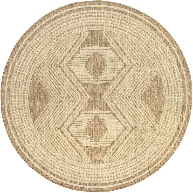 Tribal Indoor/Outdoor Area Rug, Round 8', Light Brown/Ivory