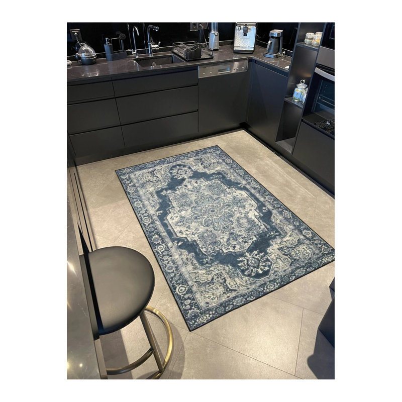 Tapis bleu tissé à motif d'étoile moderne, Rectangle 2 pi 4 po x 4 pi