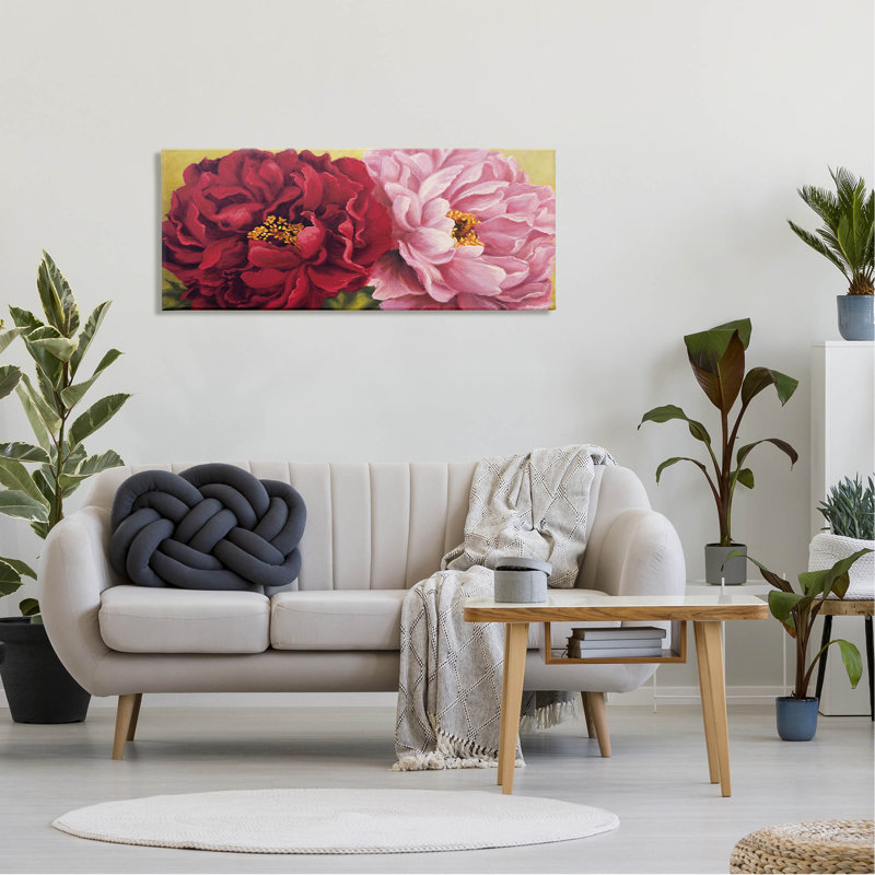 Duo de roses rouges et de dahlia, estampe numérique par Nathalie Besson, H 20 po x l 48 po x P 1,5 po, Toile tendue