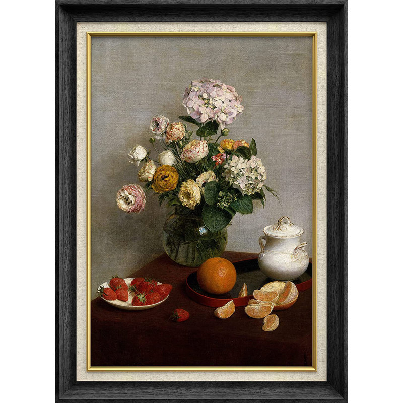 Fleurs de jardin et théière - Peinture sur toile encadrée, Noir