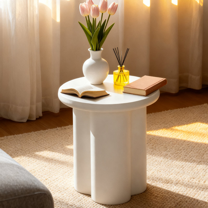 White Faux Marble End Table With A Unique Base, Suitable For The Living Room