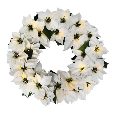 Pre-Lit Battery-Operated Artificial White Poinsettia Wreath