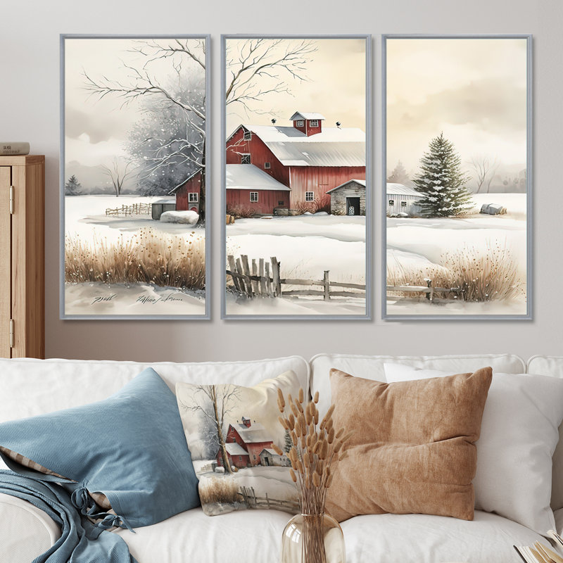 Calm Red Barn In Winter IV - 3 pièces sur toile, H 28 po x l 36 po, Cadre argenté flottant