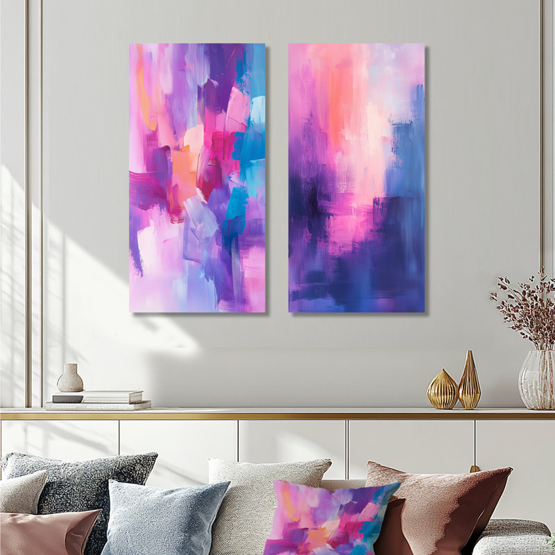 Abstrait art en ligne dans les tons de rose et mauve I - Minimalisme, ensemble d'art mural 2 pièces, H 28 po x l 24 po
