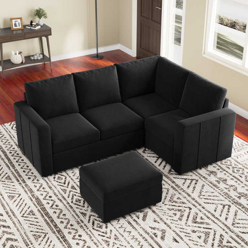 Aubade L-Shape Sectional Sofa Storage Couch With Removable Ottomans, Black Velvet