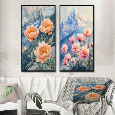 Pivoines et le sommet de la montagne I - Collection d'art mural floral 2 panneaux